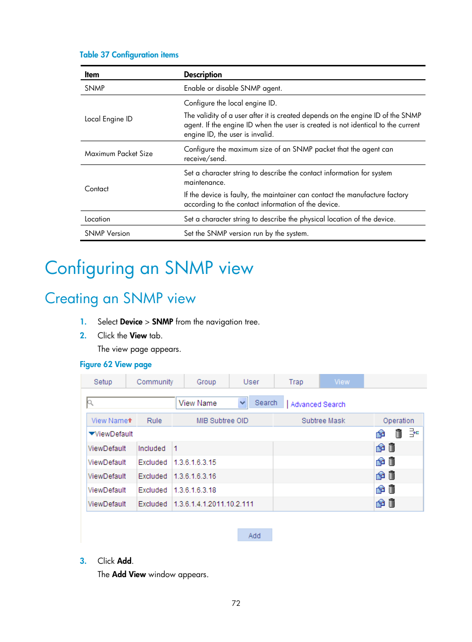 Configuring an snmp view, Creating an snmp view | H3C Technologies H3C WA3600 Series Access Points User Manual | Page 85 / 447