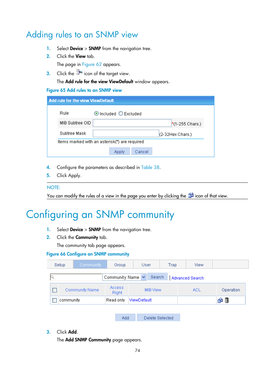 Adding rules to an snmp view, Configuring an snmp community | H3C Technologies H3C WA3600 Series Access Points User Manual | Page 87 / 447