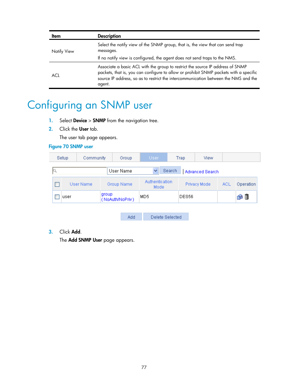 Configuring an snmp user | H3C Technologies H3C WA3600 Series Access Points User Manual | Page 90 / 447