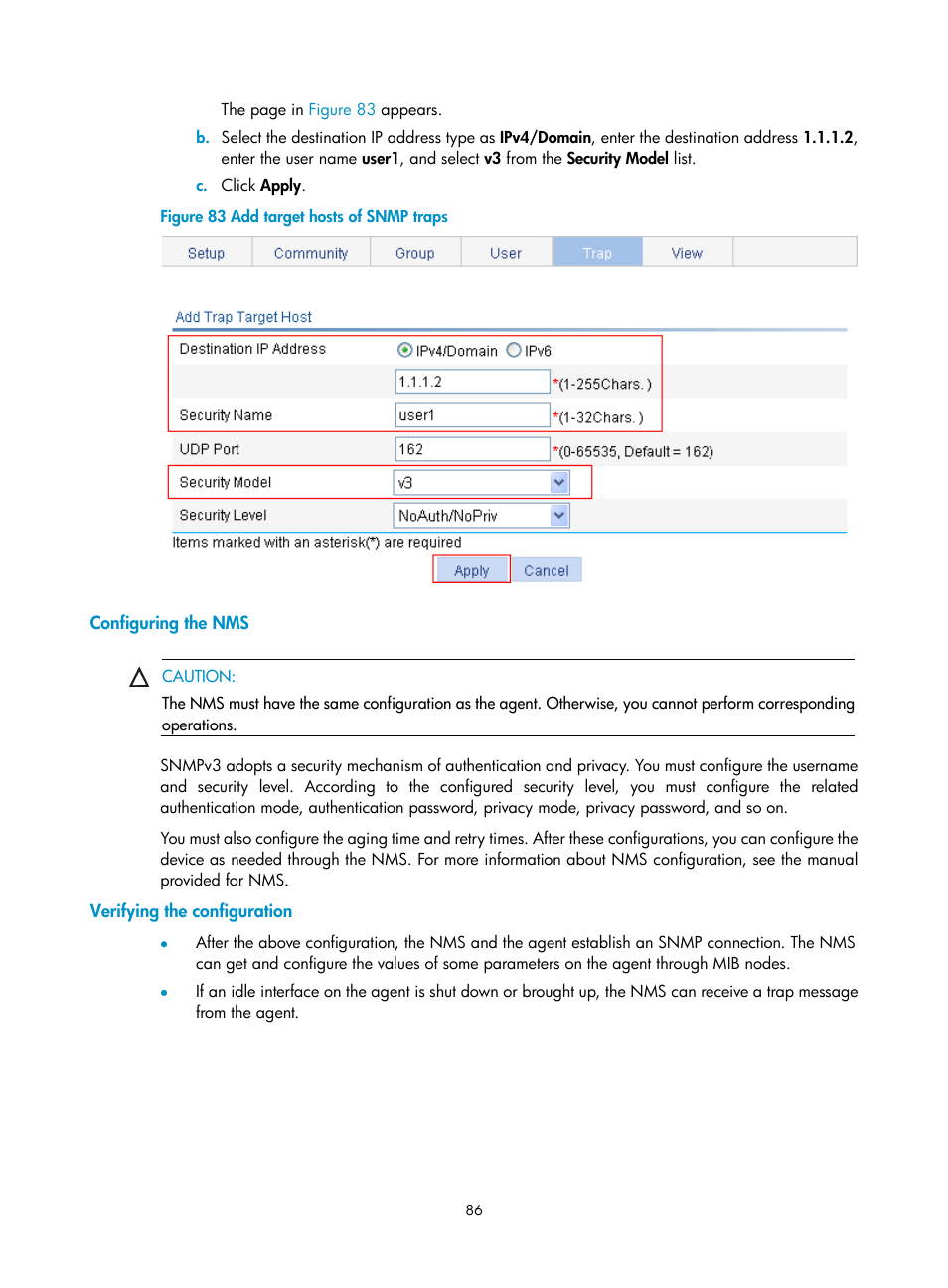 Configuring the nms, Verifying the configuration | H3C Technologies H3C WA3600 Series Access Points User Manual | Page 99 / 447