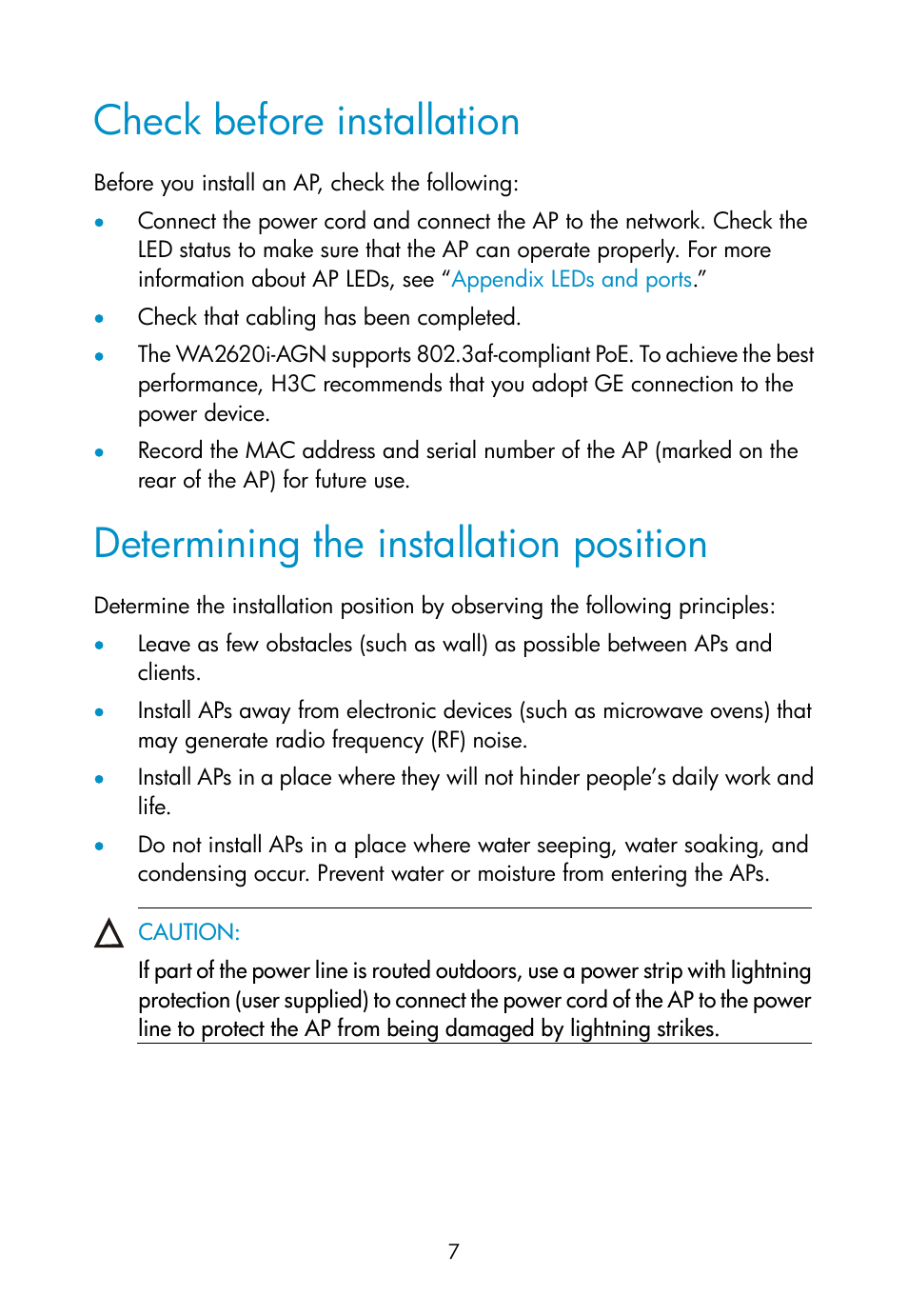 Check before installation, Determining the installation position | H3C Technologies H3C WA2600 Series WLAN Access Points User Manual | Page 13 / 35