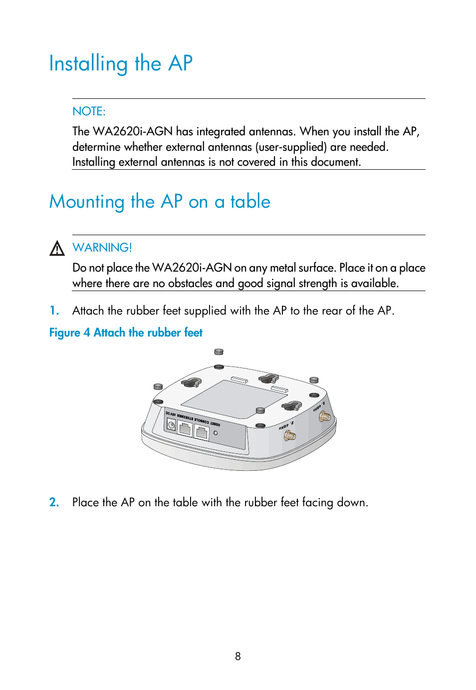 Installing the ap, Mounting the ap on a table | H3C Technologies H3C WA2600 Series WLAN Access Points User Manual | Page 14 / 35