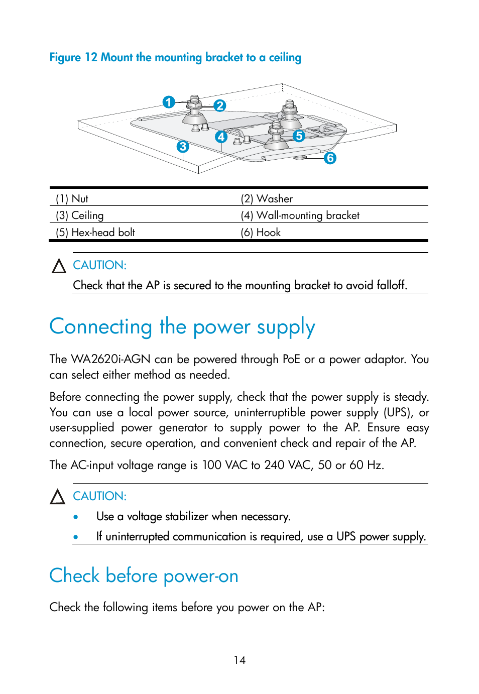 Connecting the power supply, Check before power-on | H3C Technologies H3C WA2600 Series WLAN Access Points User Manual | Page 20 / 35