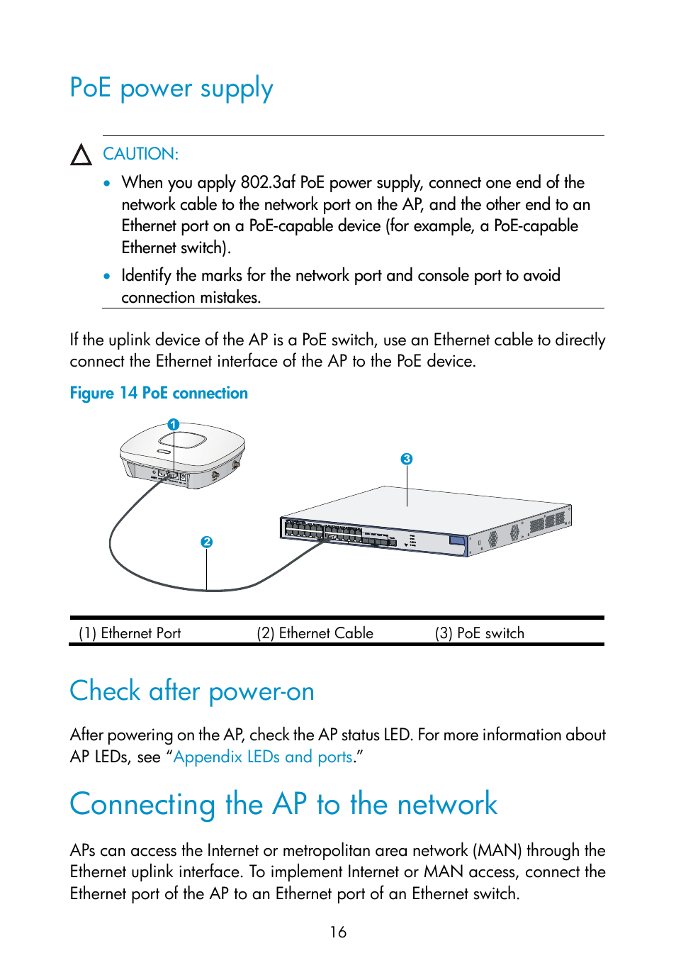 Poe power supply, Check after power-on, Connecting the ap to the network | H3C Technologies H3C WA2600 Series WLAN Access Points User Manual | Page 22 / 35