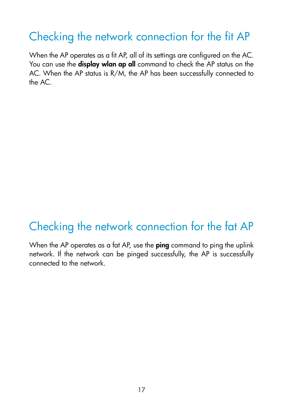 Checking the network connection for the fit ap, Checking the network connection for the fat ap | H3C Technologies H3C WA2600 Series WLAN Access Points User Manual | Page 23 / 35