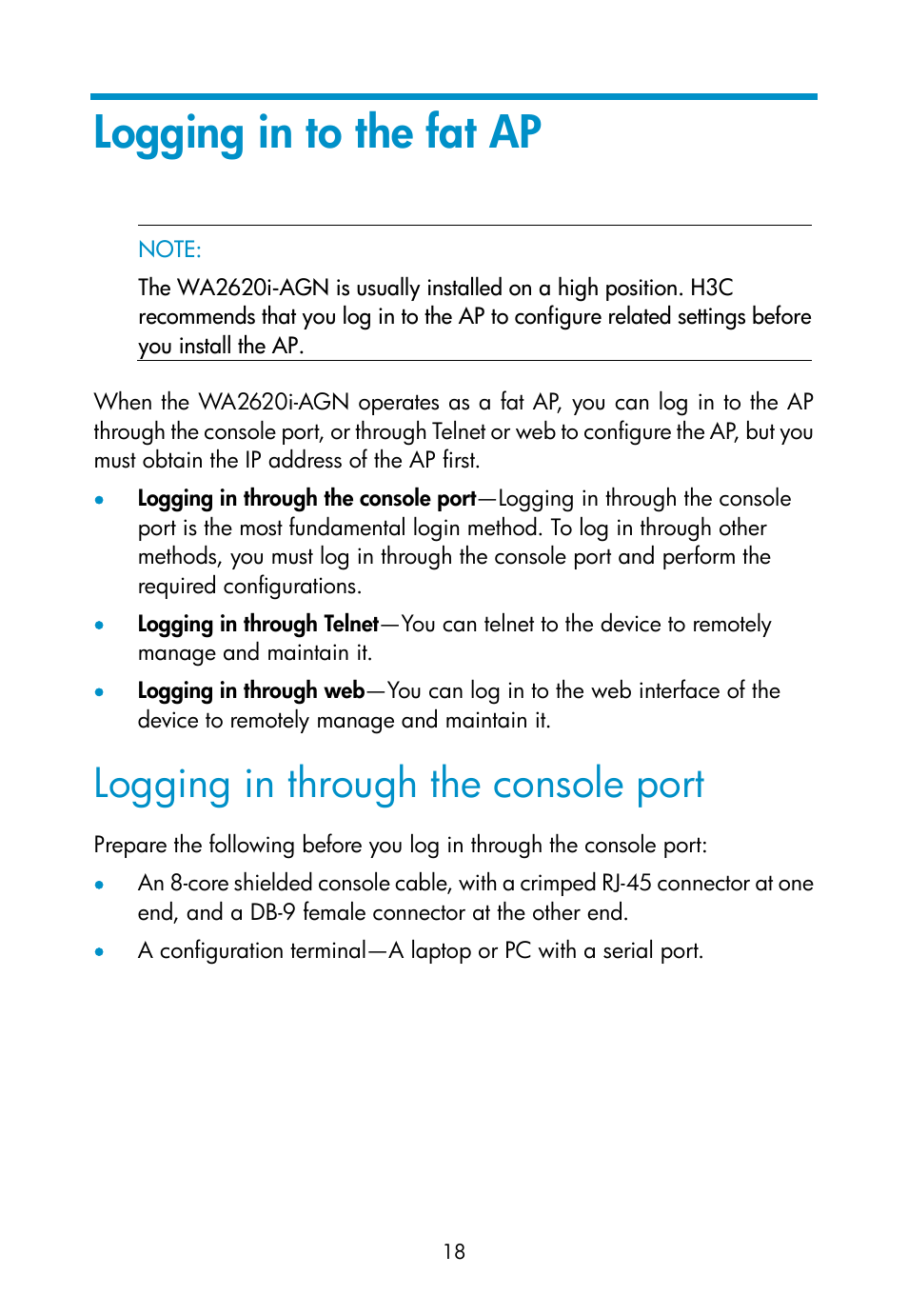 Logging in to the fat ap, Logging in through the console port | H3C Technologies H3C WA2600 Series WLAN Access Points User Manual | Page 24 / 35