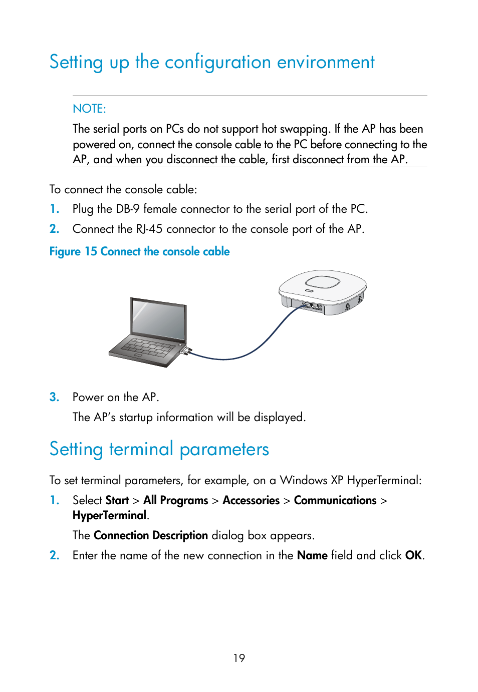 Setting up the configuration environment, Setting terminal parameters | H3C Technologies H3C WA2600 Series WLAN Access Points User Manual | Page 25 / 35