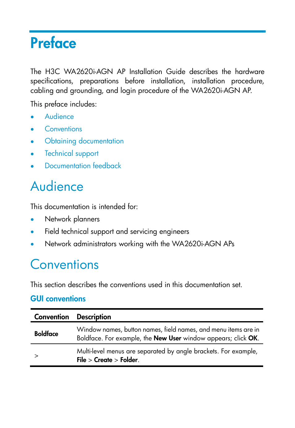 Preface, Audience, Conventions | Gui conventions | H3C Technologies H3C WA2600 Series WLAN Access Points User Manual | Page 3 / 35