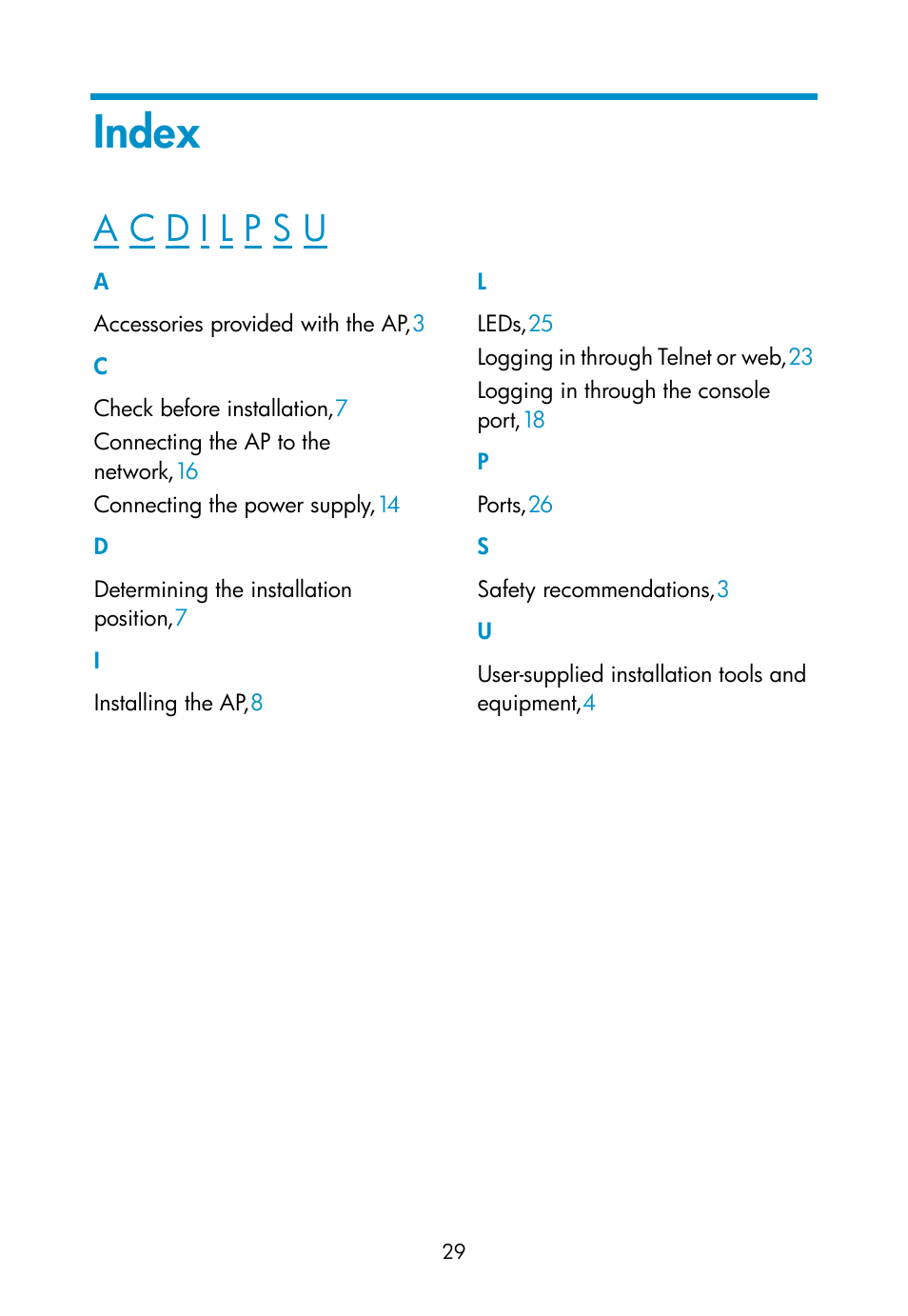 Index | H3C Technologies H3C WA2600 Series WLAN Access Points User Manual | Page 35 / 35