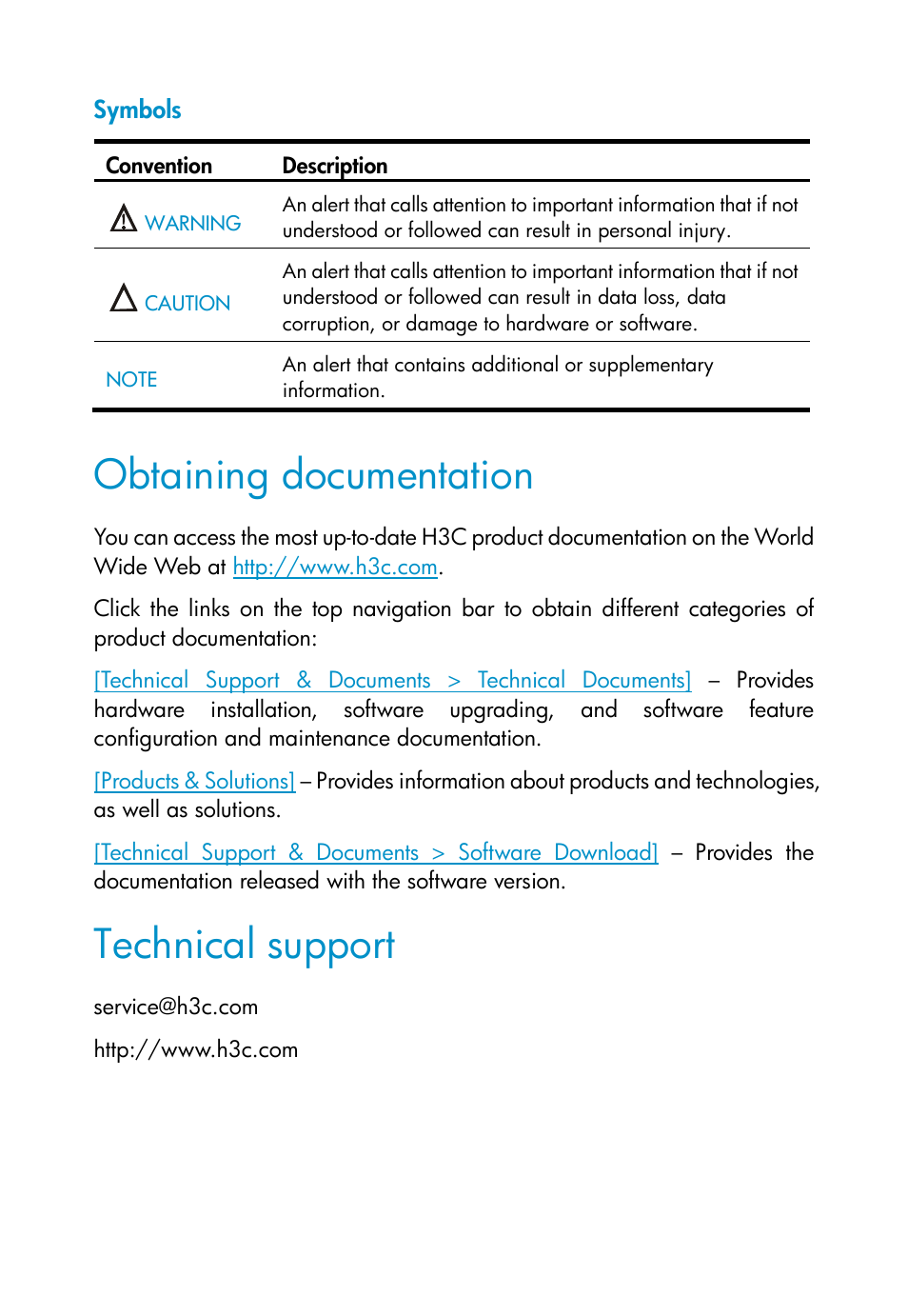 Symbols, Obtaining documentation, Technical support | H3C Technologies H3C WA2600 Series WLAN Access Points User Manual | Page 4 / 35