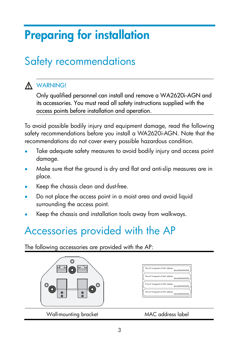 Preparing for installation, Safety recommendations, Accessories provided with the ap | H3C Technologies H3C WA2600 Series WLAN Access Points User Manual | Page 9 / 35