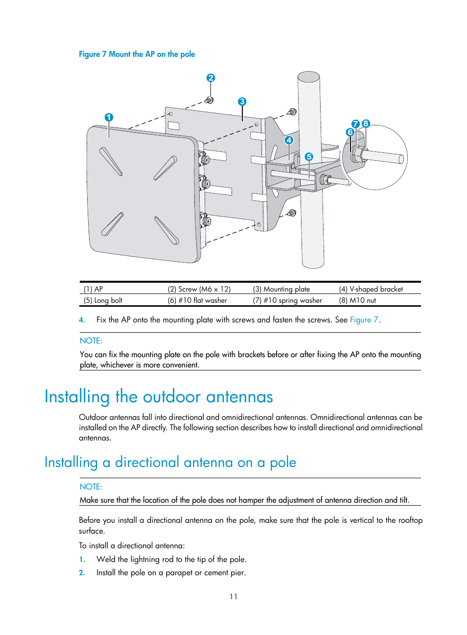 Installing the outdoor antennas, Installing a directional antenna on a pole, Figure 7 | H3C Technologies H3C WA2600 Series WLAN Access Points User Manual | Page 16 / 30