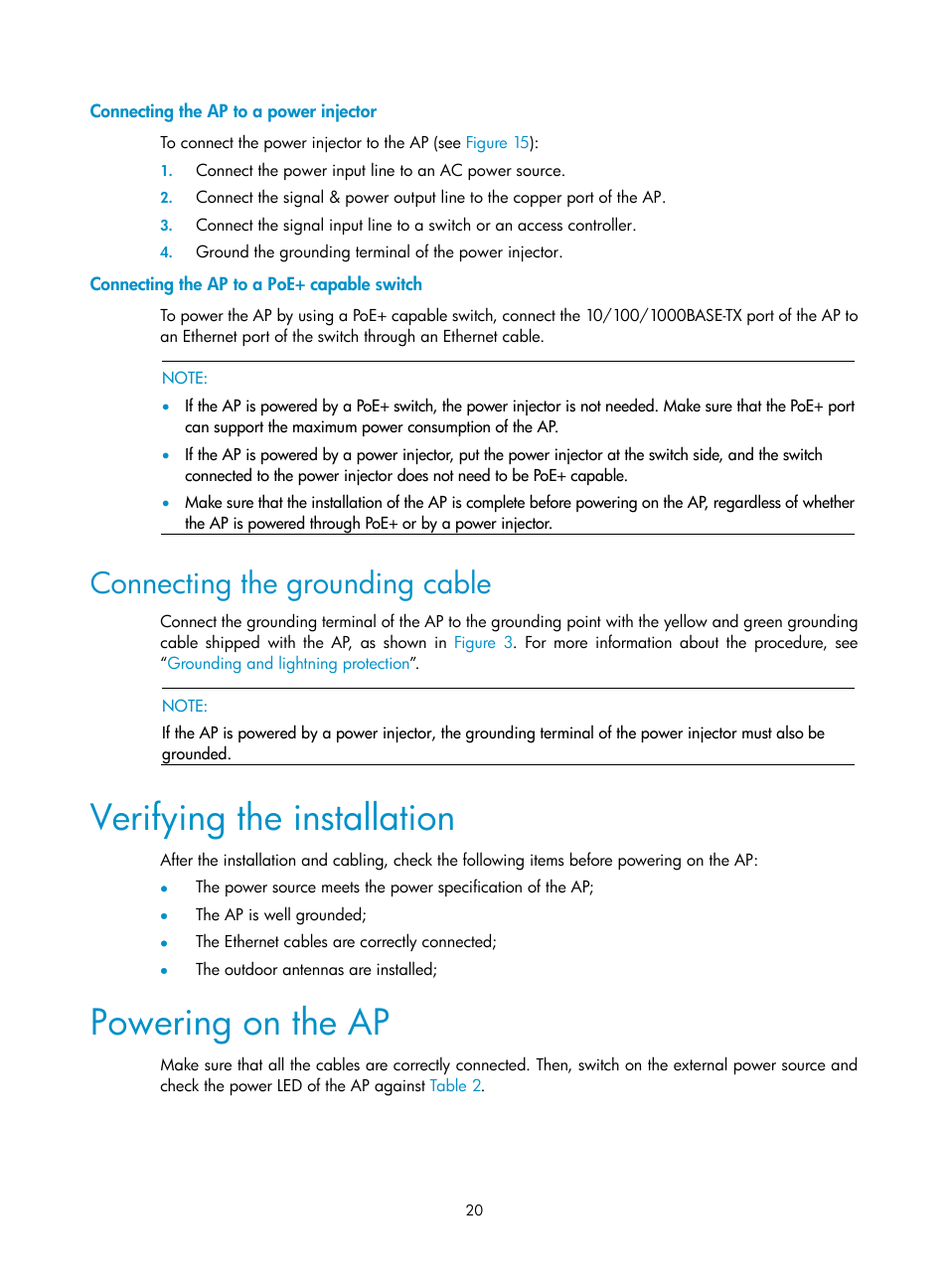 Connecting the ap to a power injector, Connecting the ap to a poe+ capable switch, Connecting the grounding cable | Verifying the installation, Powering on the ap | H3C Technologies H3C WA2600 Series WLAN Access Points User Manual | Page 25 / 30