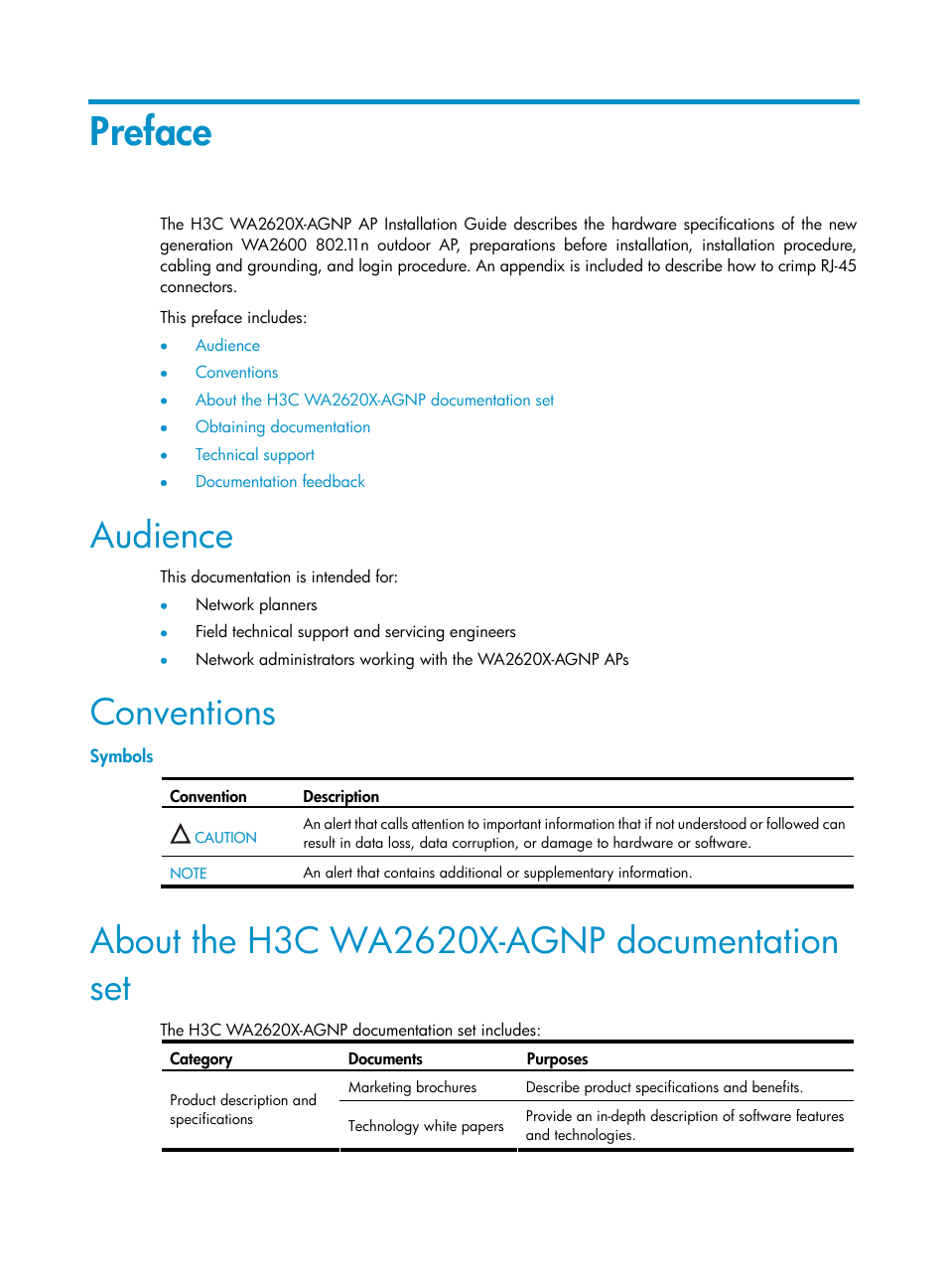 Preface, Audience, Conventions | Symbols, About the h3c wa2620x-agnp documentation set | H3C Technologies H3C WA2600 Series WLAN Access Points User Manual | Page 3 / 30