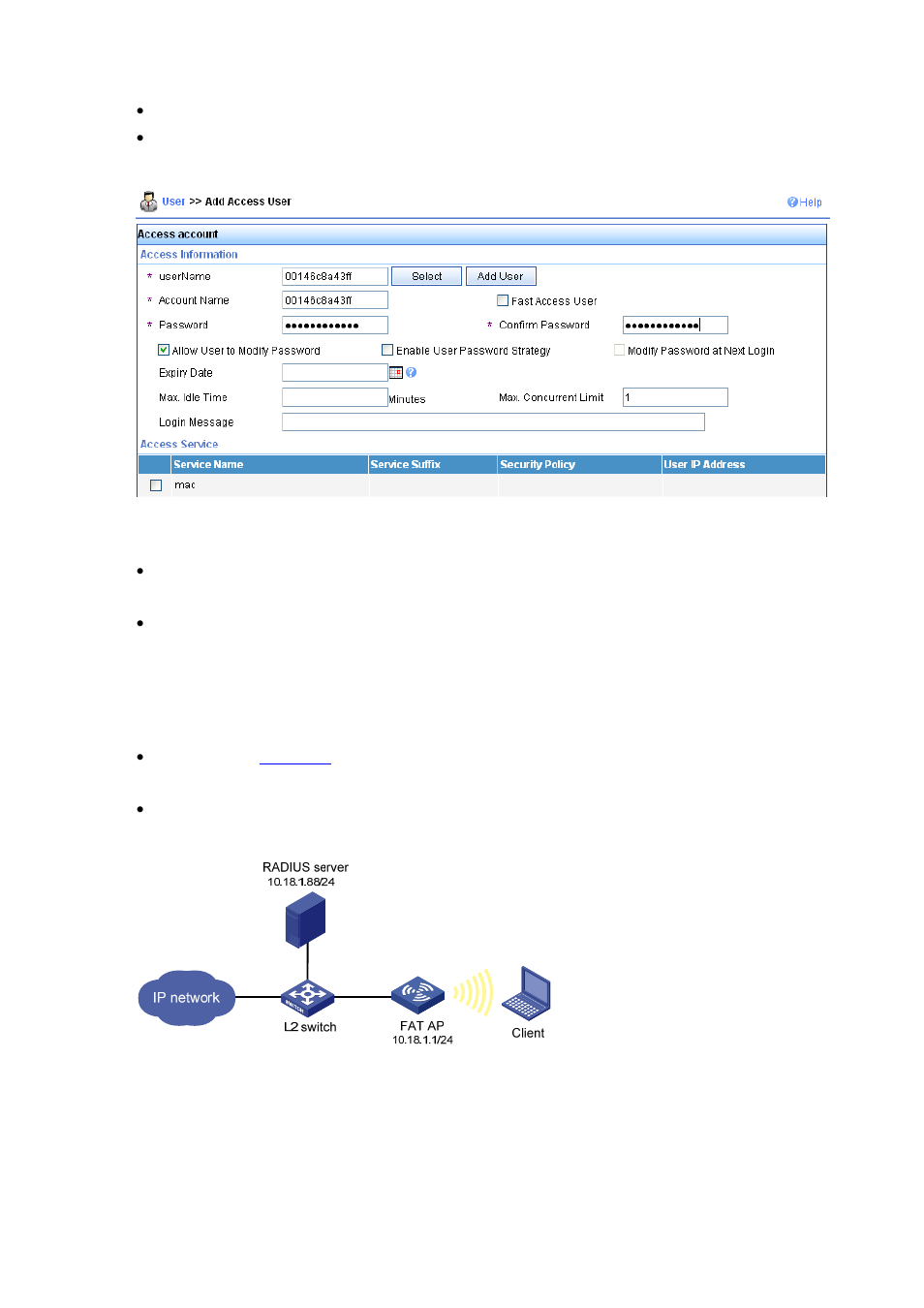 1x authentication configuration example, Network requirements, Configuration procedure | 1x authentication configuration example -16 | H3C Technologies H3C WA2600 Series WLAN Access Points User Manual | Page 31 / 84