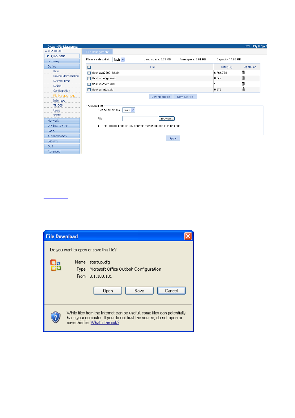 Downloading a file, Uploading a file | H3C Technologies H3C WA2600 Series WLAN Access Points User Manual | Page 46 / 58