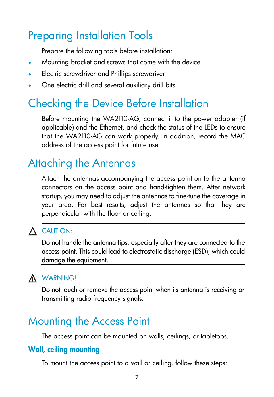Preparing installation tools, Checking the device before installation, Attaching the antennas | Mounting the access point, Wall, ceiling mounting | H3C Technologies H3C WA2110-AG Wireless LAN Access Point User Manual | Page 13 / 31