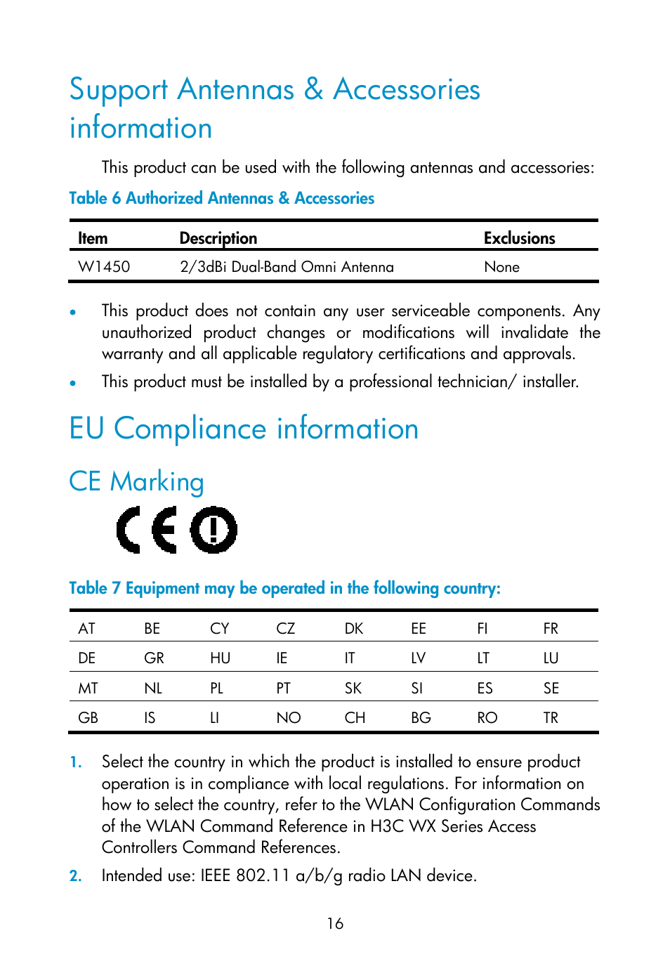 Support antennas & accessories information, Eu compliance information, Ce marking | H3C Technologies H3C WA2110-AG Wireless LAN Access Point User Manual | Page 22 / 31