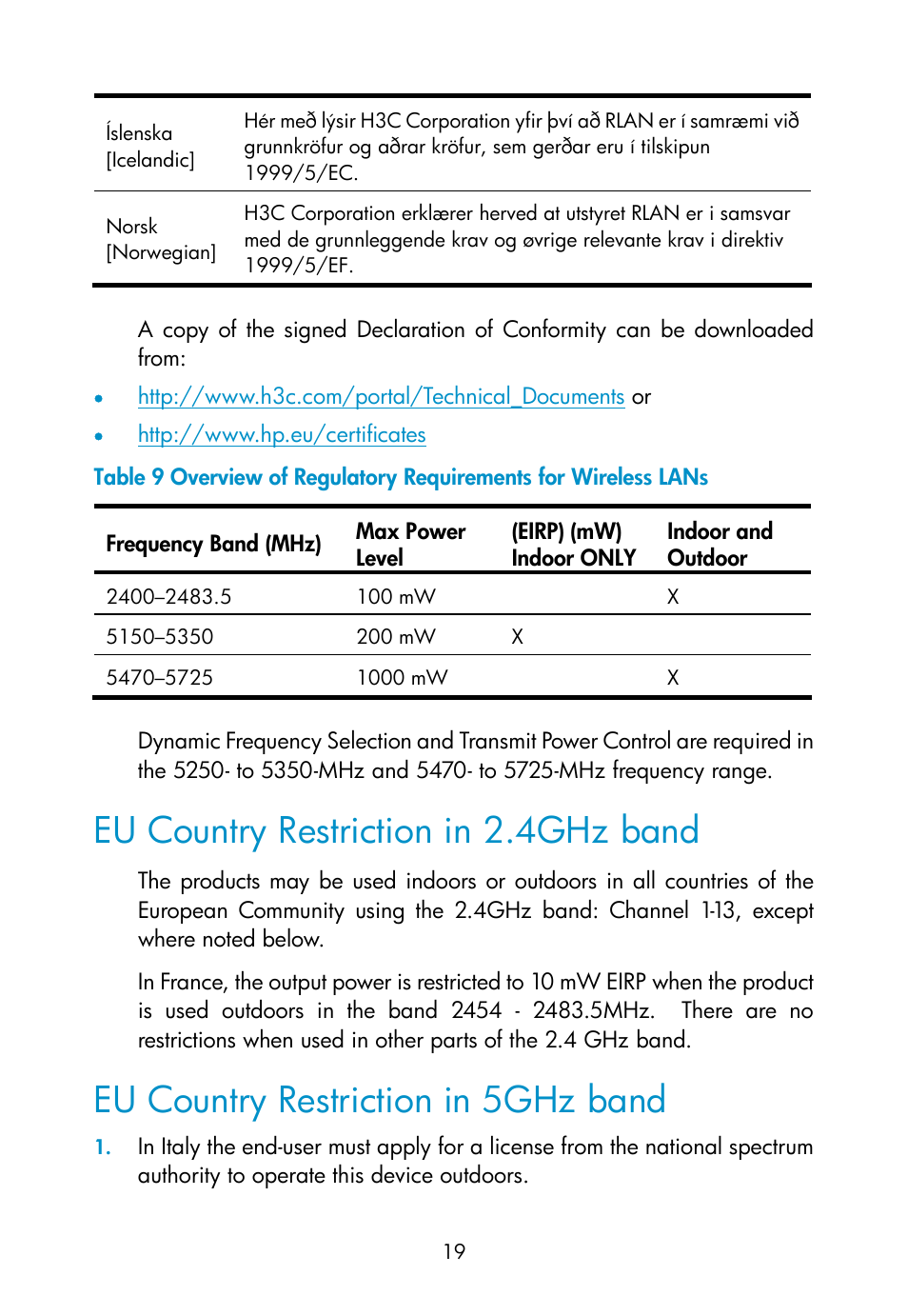 Eu country restriction in 2.4ghz band, Eu country restriction in 5ghz band | H3C Technologies H3C WA2110-AG Wireless LAN Access Point User Manual | Page 25 / 31