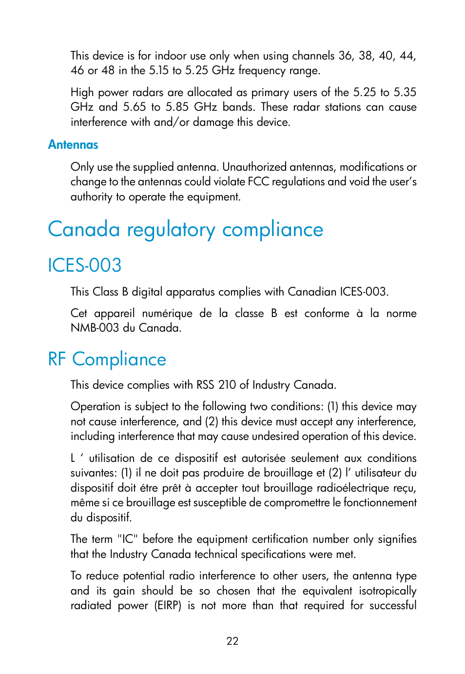 Antennas, Canada regulatory compliance, Ices-003 | Rf compliance | H3C Technologies H3C WA2110-AG Wireless LAN Access Point User Manual | Page 28 / 31