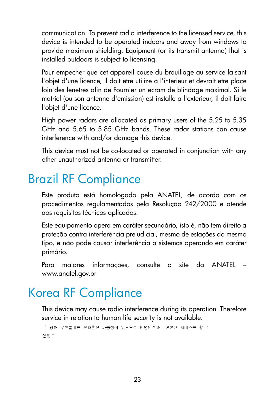 Brazil rf compliance, Korea rf compliance | H3C Technologies H3C WA2110-AG Wireless LAN Access Point User Manual | Page 29 / 31