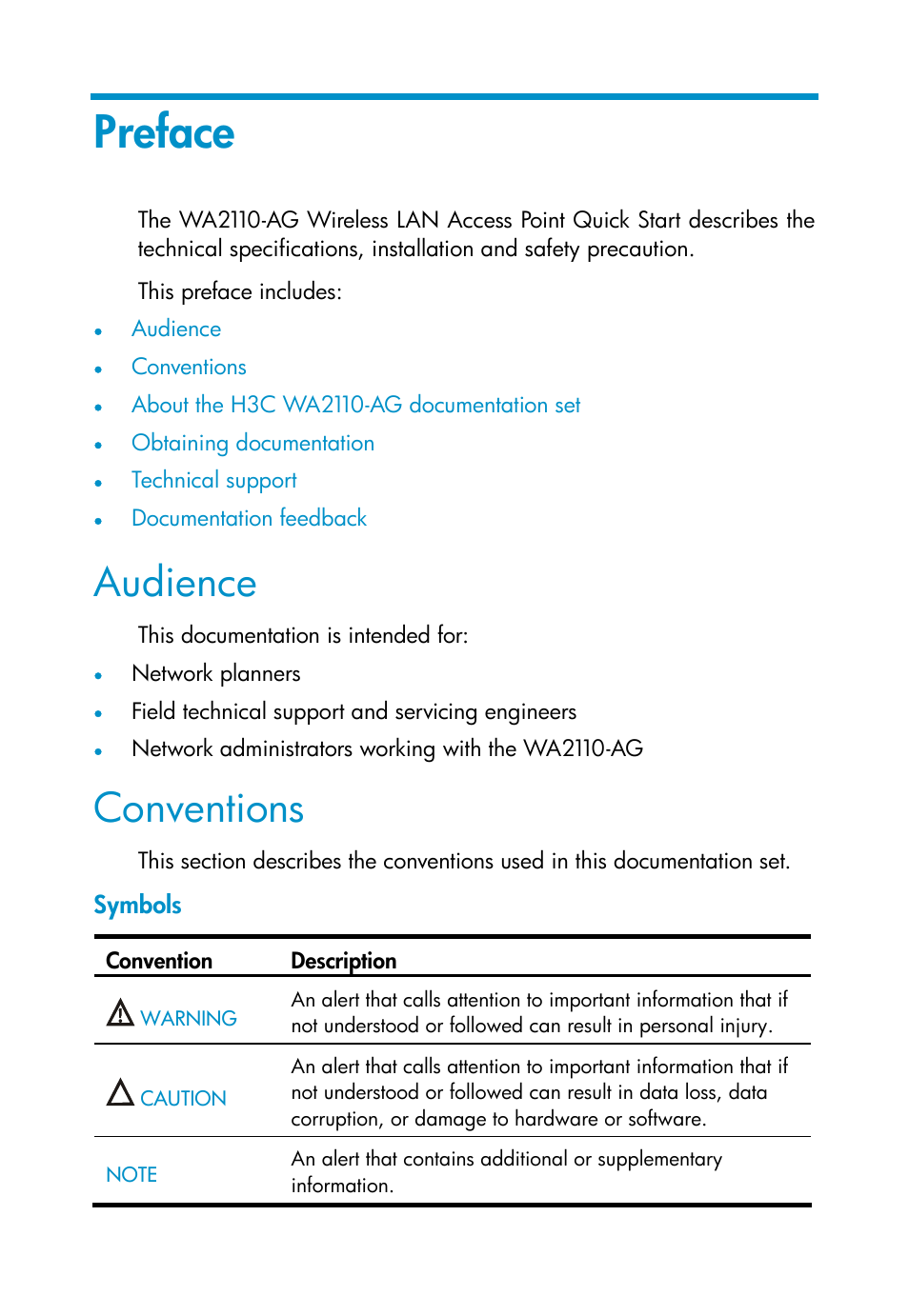 Preface, Audience, Conventions | Symbols | H3C Technologies H3C WA2110-AG Wireless LAN Access Point User Manual | Page 3 / 31