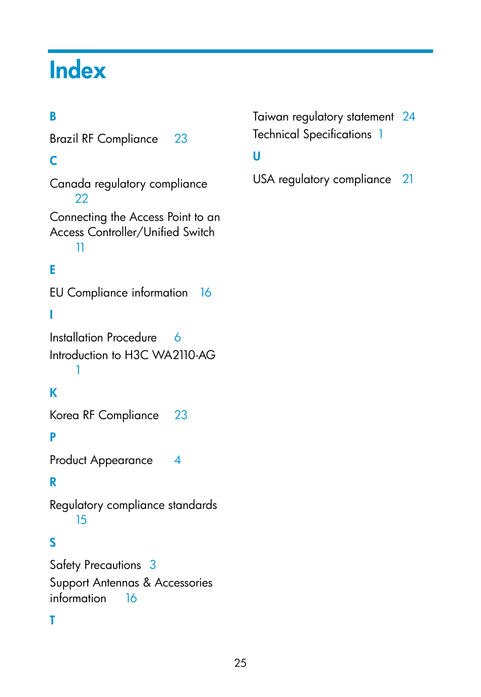 Index | H3C Technologies H3C WA2110-AG Wireless LAN Access Point User Manual | Page 31 / 31