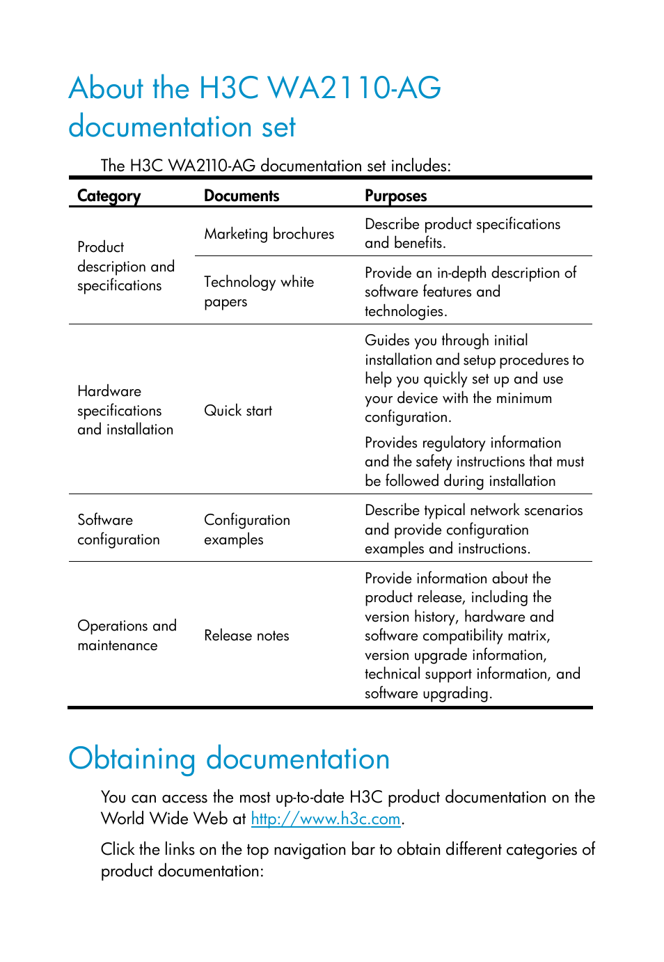 About the h3c wa2110-ag documentation set, Obtaining documentation | H3C Technologies H3C WA2110-AG Wireless LAN Access Point User Manual | Page 4 / 31