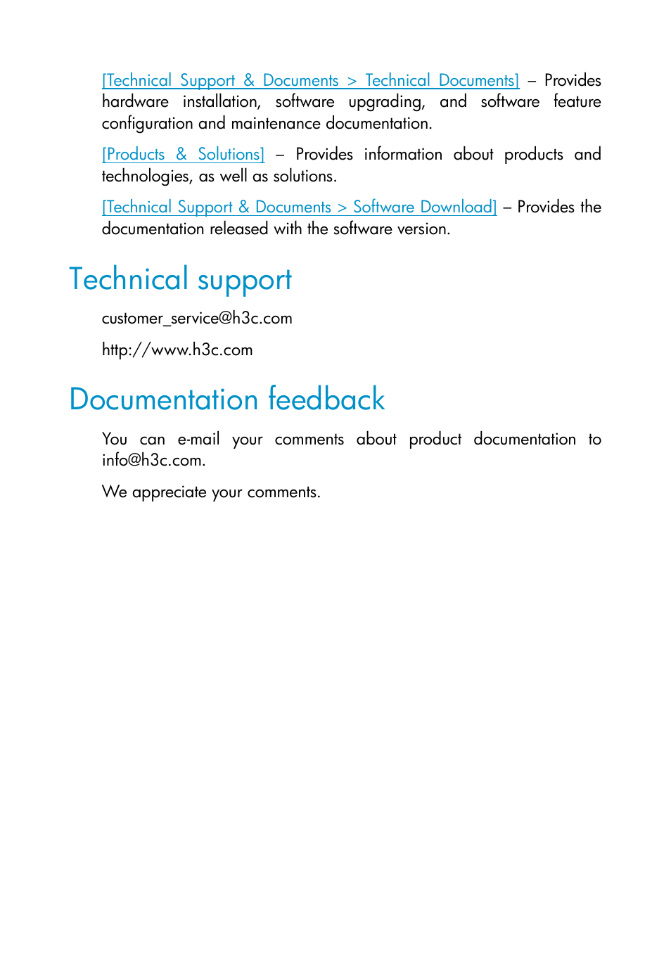 Technical support, Documentation feedback | H3C Technologies H3C WA2110-AG Wireless LAN Access Point User Manual | Page 5 / 31