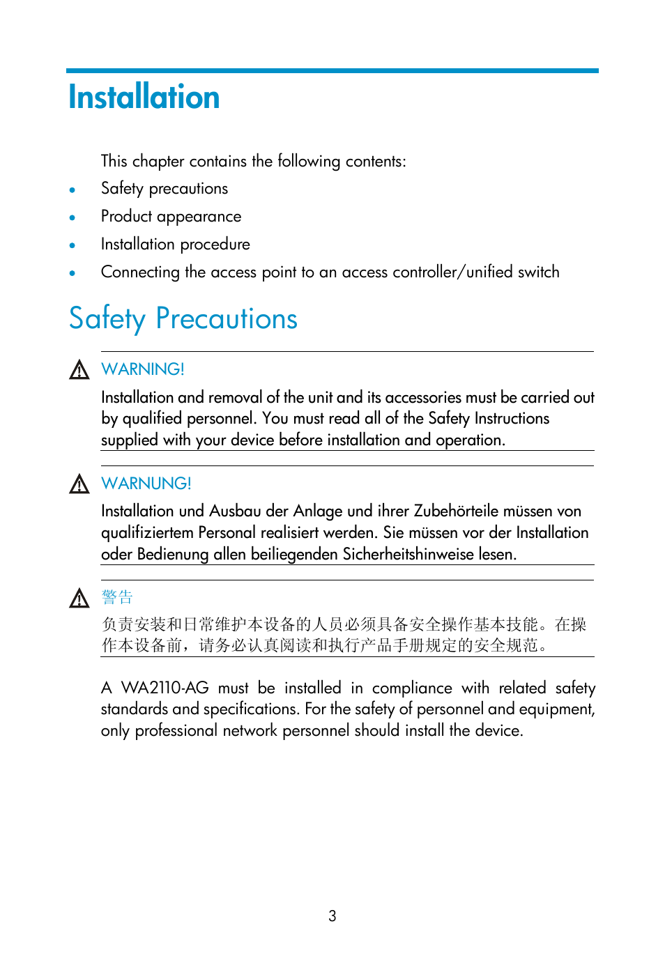 Installation, Safety precautions | H3C Technologies H3C WA2110-AG Wireless LAN Access Point User Manual | Page 9 / 31