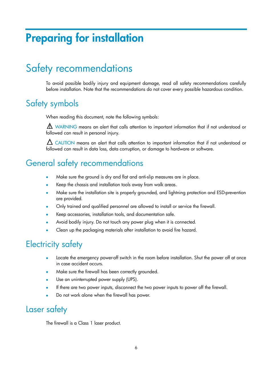 Preparing for installation, Safety recommendations, Safety symbols | General safety recommendations, Electricity safety, Laser safety | H3C Technologies H3C SecPath F1000-E User Manual | Page 14 / 95