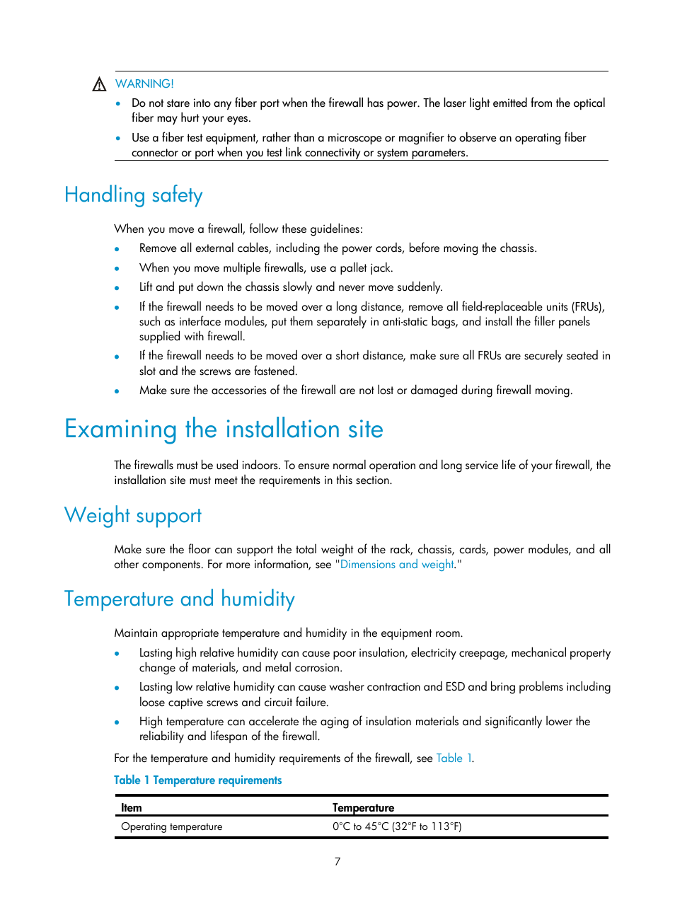 Handling safety, Examining the installation site, Weight support | Temperature and humidity | H3C Technologies H3C SecPath F1000-E User Manual | Page 15 / 95