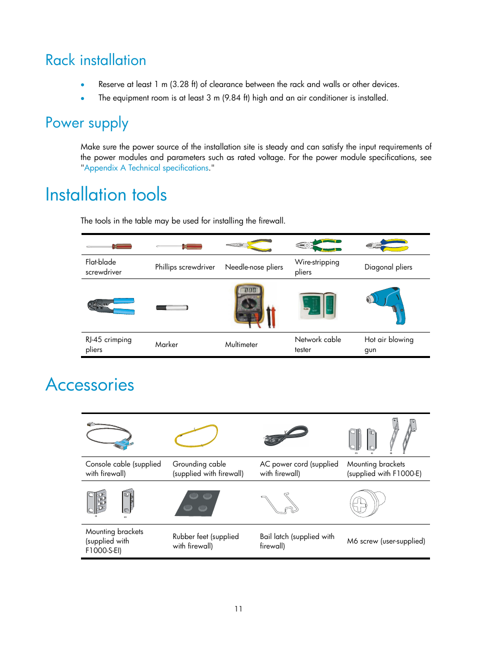 Rack installation, Power supply, Installation tools | Accessories | H3C Technologies H3C SecPath F1000-E User Manual | Page 19 / 95