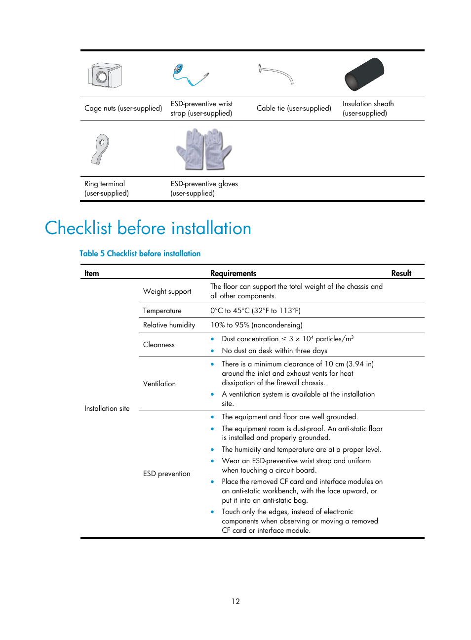 Checklist before installation | H3C Technologies H3C SecPath F1000-E User Manual | Page 20 / 95