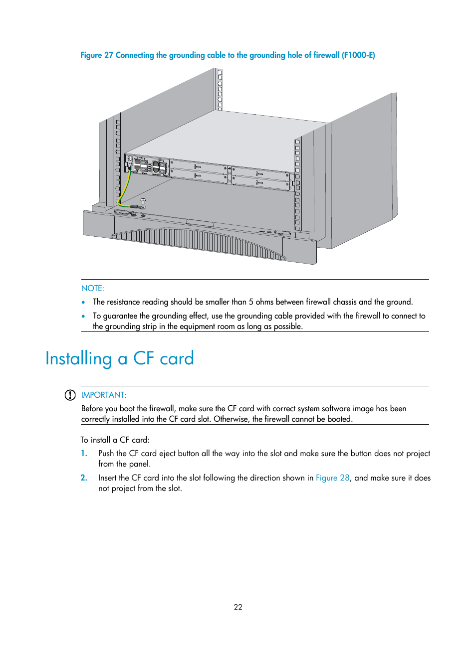 Installing a cf card | H3C Technologies H3C SecPath F1000-E User Manual | Page 30 / 95