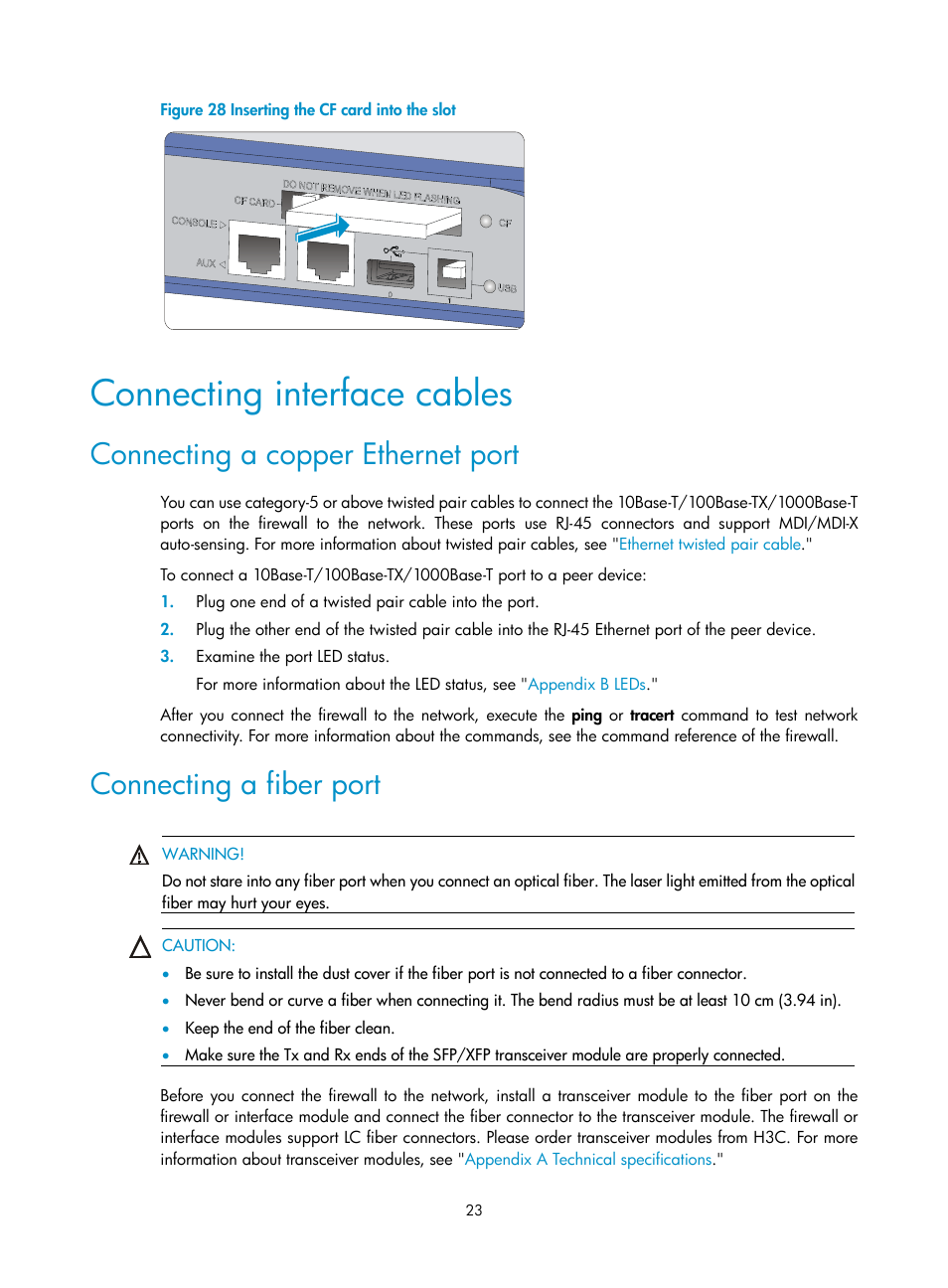 Connecting interface cables, Connecting a copper ethernet port, Connecting a fiber port | H3C Technologies H3C SecPath F1000-E User Manual | Page 31 / 95