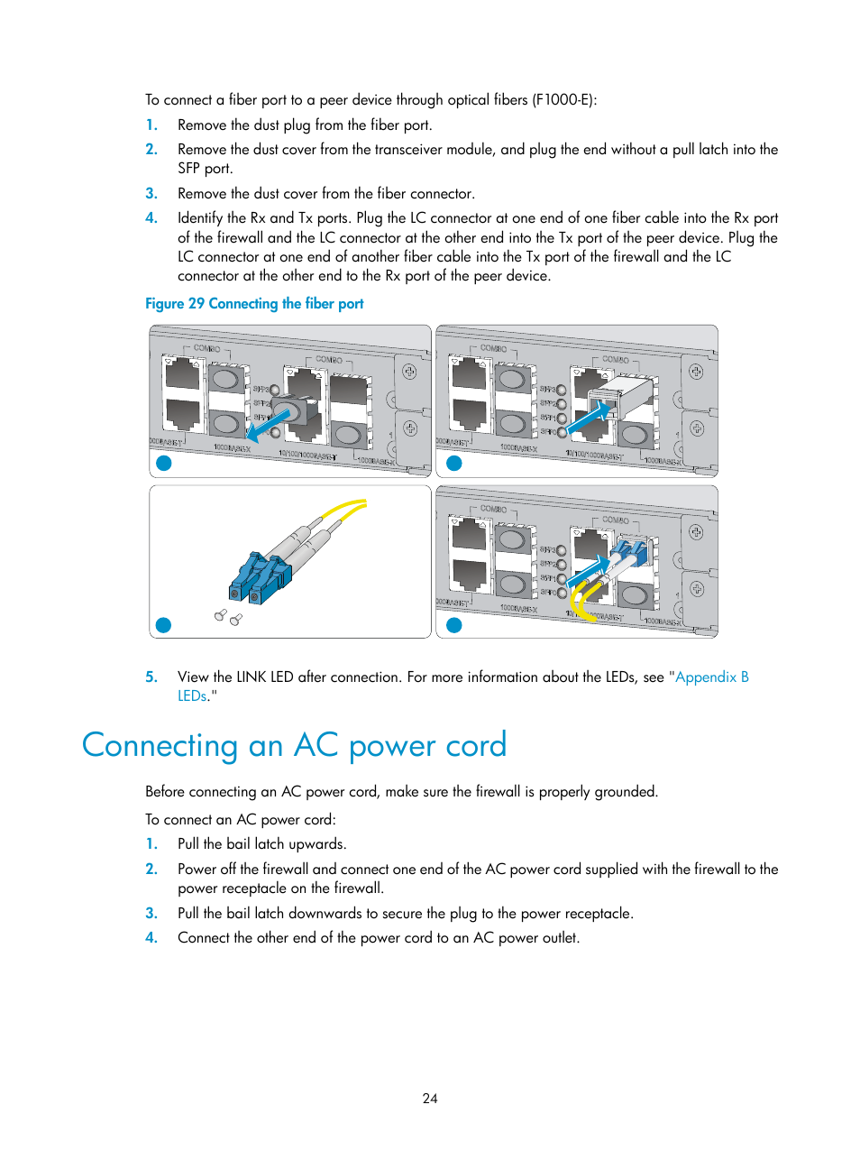 Connecting an ac power cord | H3C Technologies H3C SecPath F1000-E User Manual | Page 32 / 95