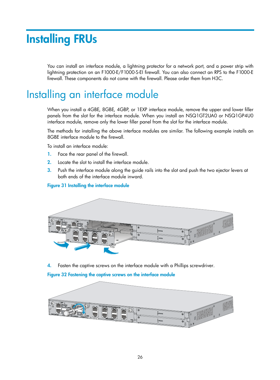 Installing frus, Installing an interface module | H3C Technologies H3C SecPath F1000-E User Manual | Page 34 / 95