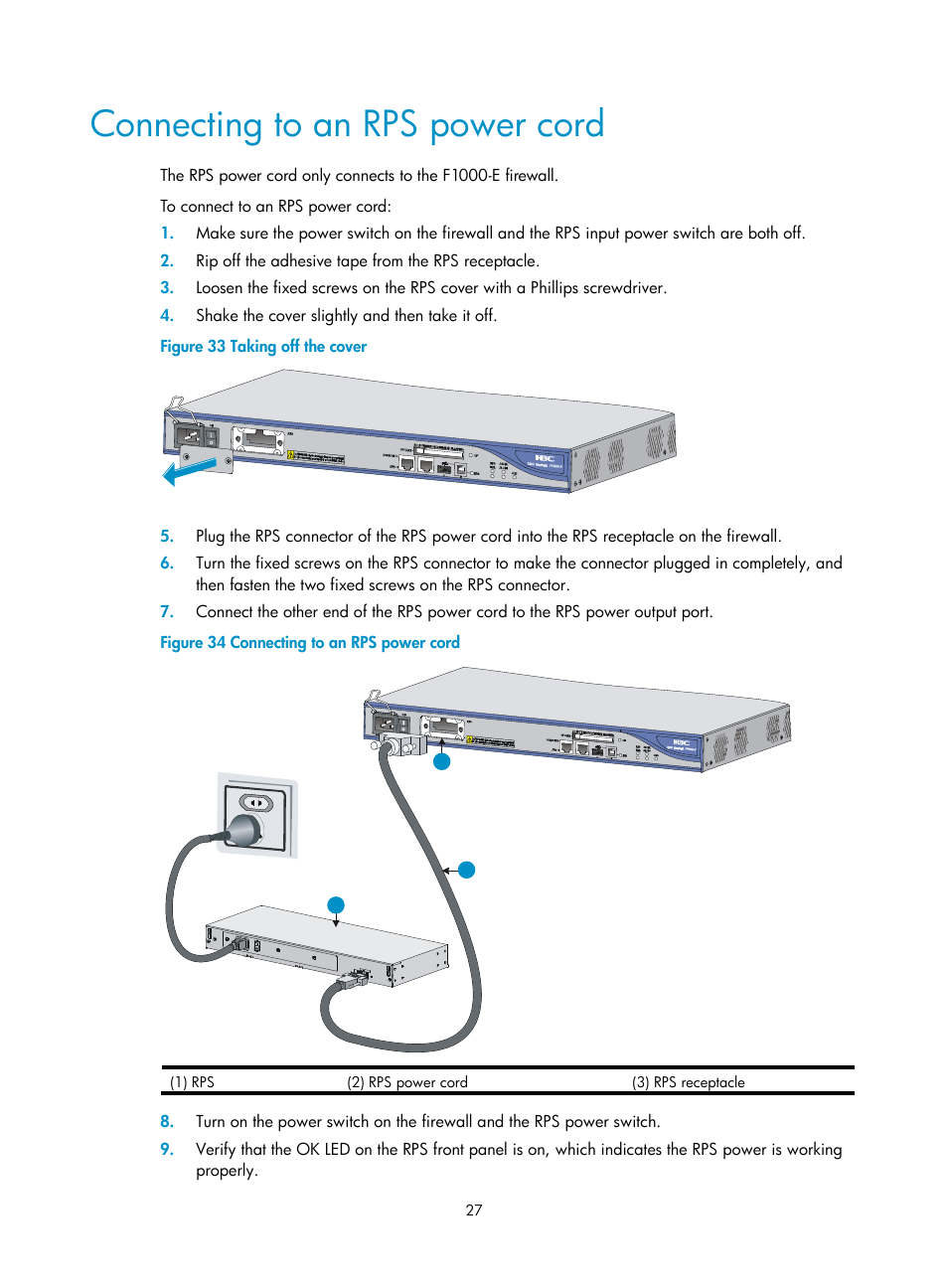 Connecting to an rps power cord | H3C Technologies H3C SecPath F1000-E User Manual | Page 35 / 95