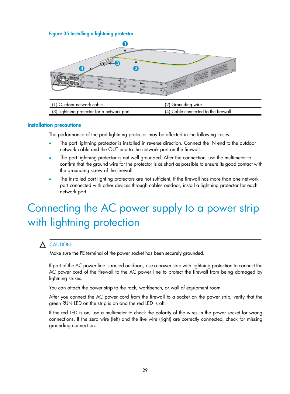 Installation precautions, Lightning protection | H3C Technologies H3C SecPath F1000-E User Manual | Page 37 / 95