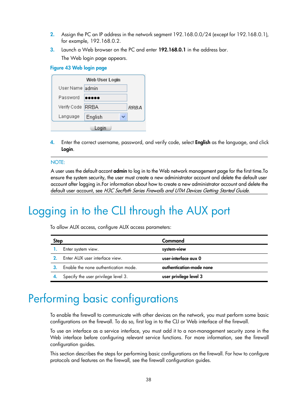 Logging in to the cli through the aux port, Performing basic configurations | H3C Technologies H3C SecPath F1000-E User Manual | Page 46 / 95