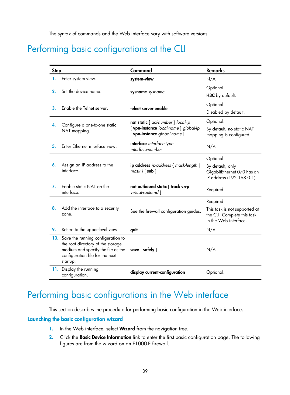 Performing basic configurations at the cli, Launching the basic configuration wizard | H3C Technologies H3C SecPath F1000-E User Manual | Page 47 / 95