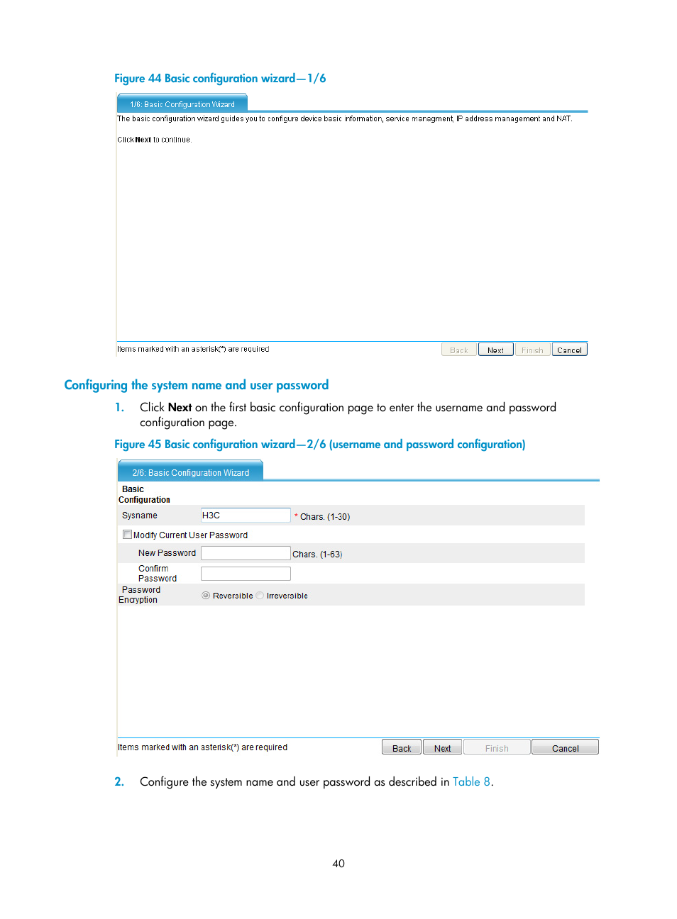 Configuring the system name and user password | H3C Technologies H3C SecPath F1000-E User Manual | Page 48 / 95