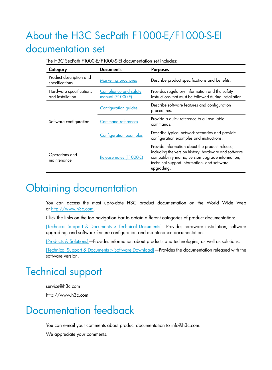 Obtaining documentation, Technical support, Documentation feedback | H3C Technologies H3C SecPath F1000-E User Manual | Page 5 / 95