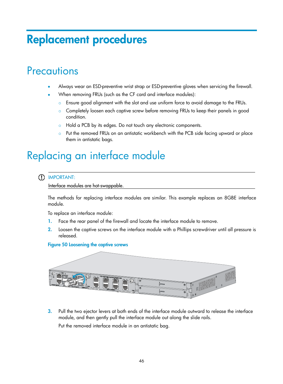 Replacement procedures, Precautions, Replacing an interface module | H3C Technologies H3C SecPath F1000-E User Manual | Page 54 / 95