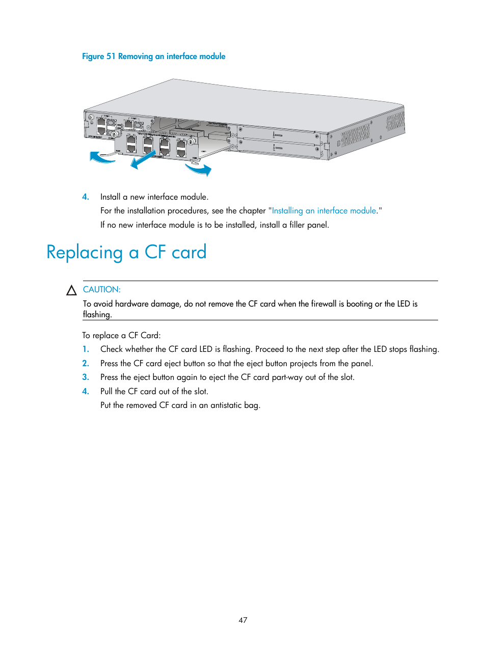 Replacing a cf card | H3C Technologies H3C SecPath F1000-E User Manual | Page 55 / 95