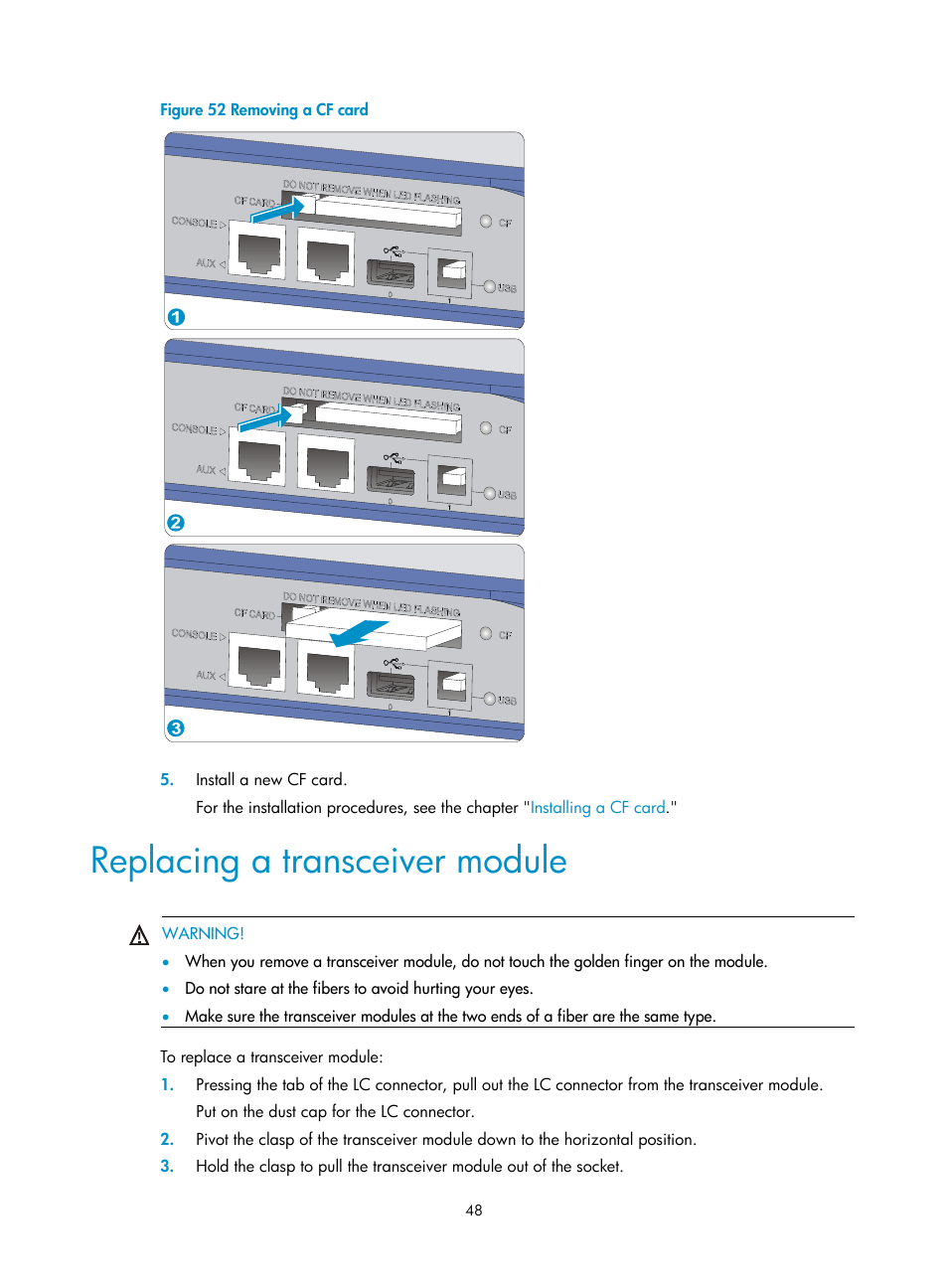 Replacing a transceiver module | H3C Technologies H3C SecPath F1000-E User Manual | Page 56 / 95