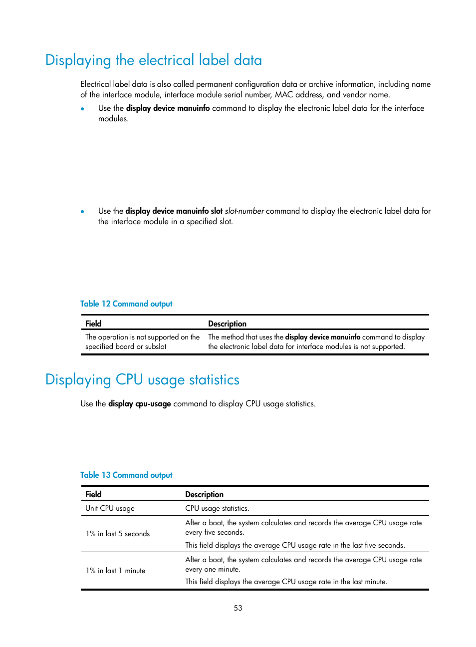 Displaying the electrical label data, Displaying cpu usage statistics | H3C Technologies H3C SecPath F1000-E User Manual | Page 61 / 95