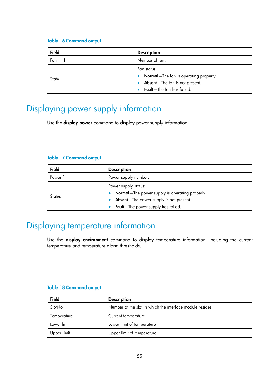 Displaying power supply information, Displaying temperature information | H3C Technologies H3C SecPath F1000-E User Manual | Page 63 / 95