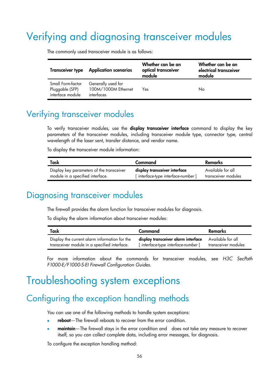 Verifying and diagnosing transceiver modules, Verifying transceiver modules, Diagnosing transceiver modules | Troubleshooting system exceptions, Configuring the exception handling methods | H3C Technologies H3C SecPath F1000-E User Manual | Page 64 / 95